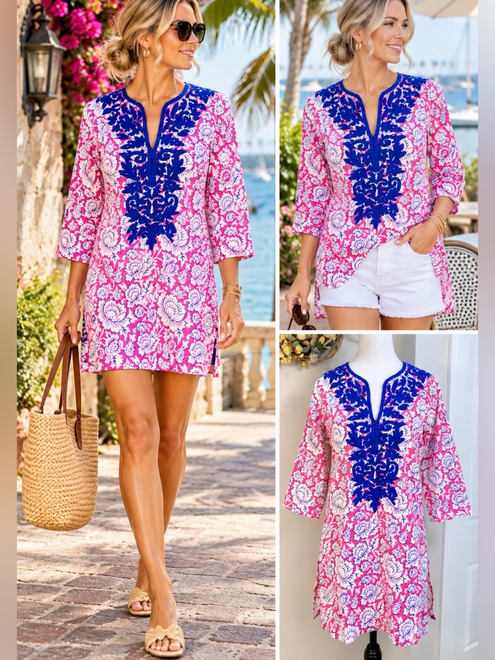 💥Roller Rabbit Pink Floral Embroidered Cotton Tunic Cover Up Top XS💛